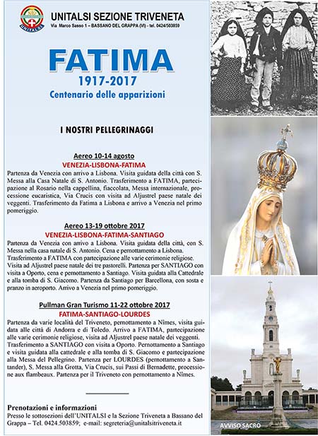 Pellegrinaggi a Fatima 2017 organizzati dall'UNITALSI Triveneta